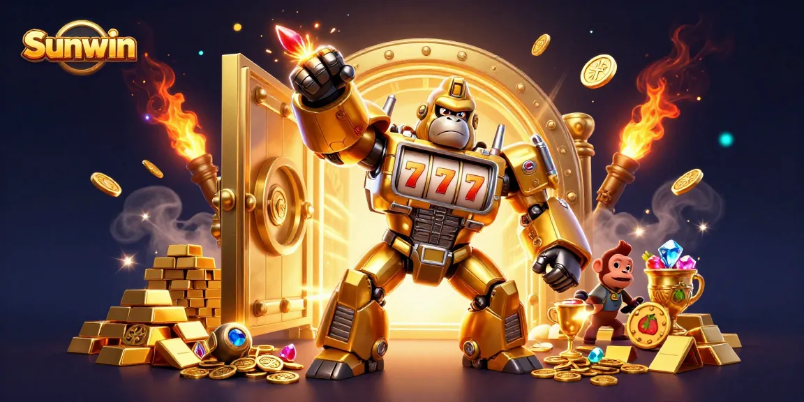 Sunwin showcases an exciting 3D casino scene with a golden gorilla mech and stunning slot elements.