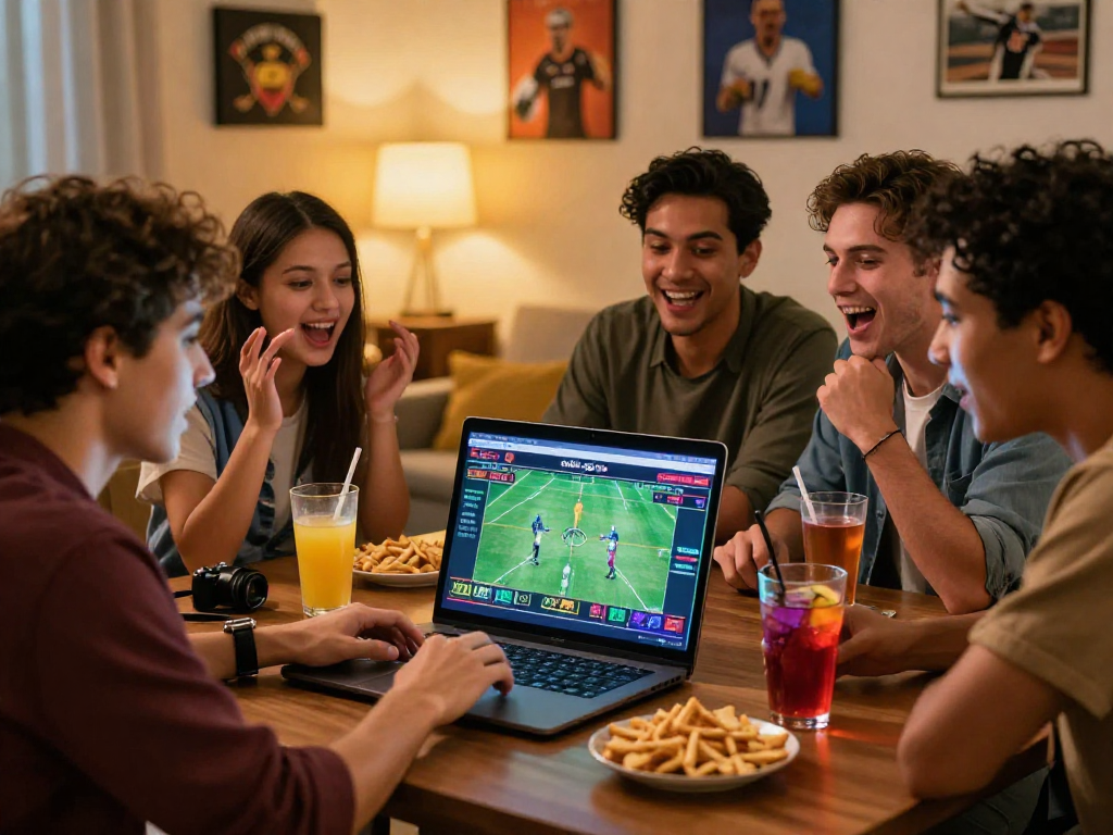 Friends engaging in online betting on http://oxbet-app.com in a cozy living room, showcasing excitement and joy.