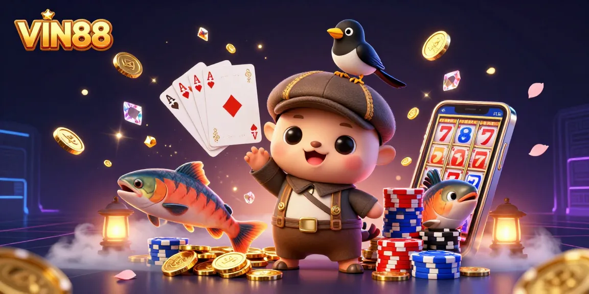 Engage with VIN88 as the playful Nessie and magpie delight in rich casino treasures.