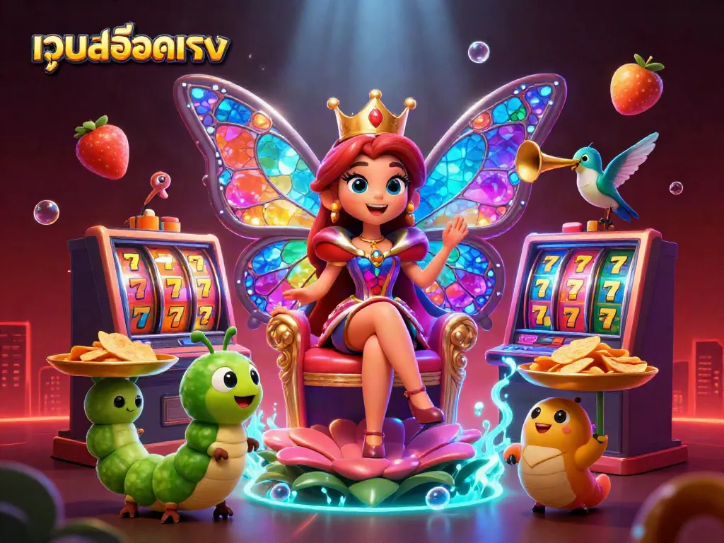 ภาพประกอบ 3D ของสล็อตตรงในคาสิโนที่มีความคลาสสิค โดยตัวละครนกผีเสื้อควีนและพื้นที่รอบข้างเต็มไปด้วยสล็อตแมชชีน