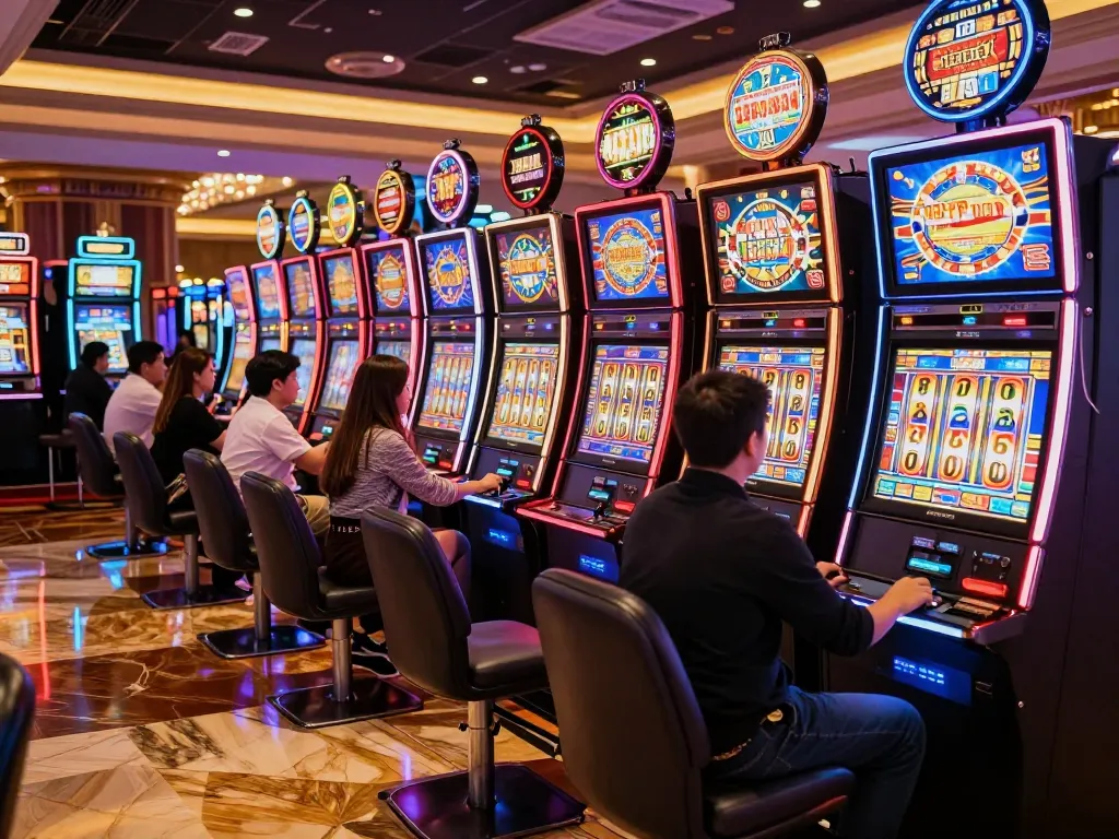 Players engaged in slot77 games at a vibrant casino, with colorful machines and dynamic visuals.