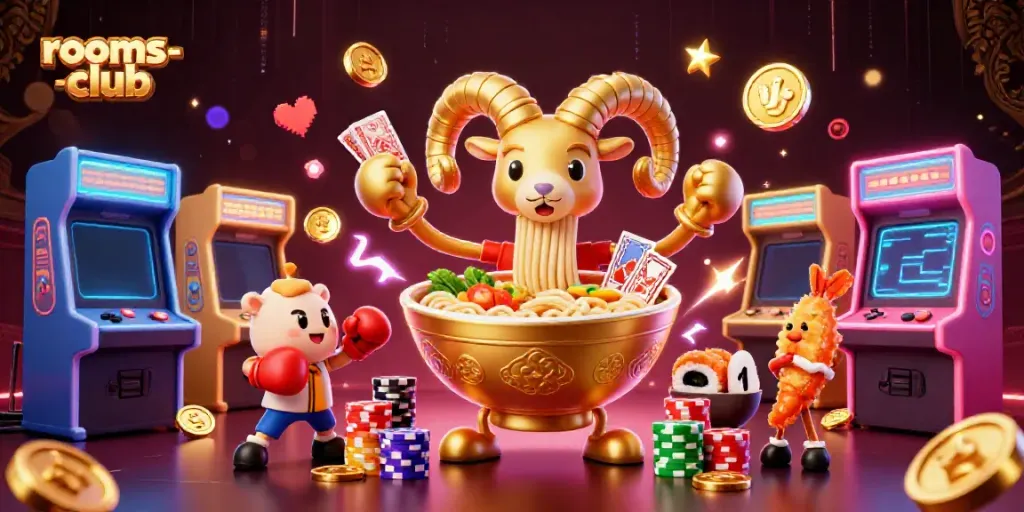 Pertandingan seru di rooms-club dengan karakter kartun unik dan elemen kasino interaktif.