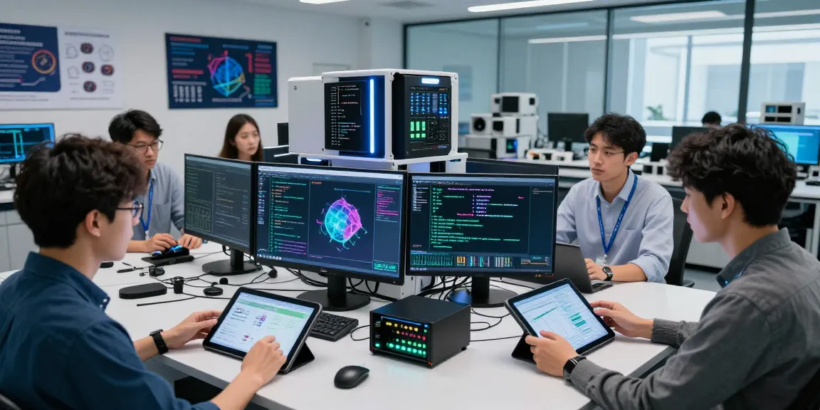 Collaboration in a quantum computing lab focused on IVQ Schweiz innovations.