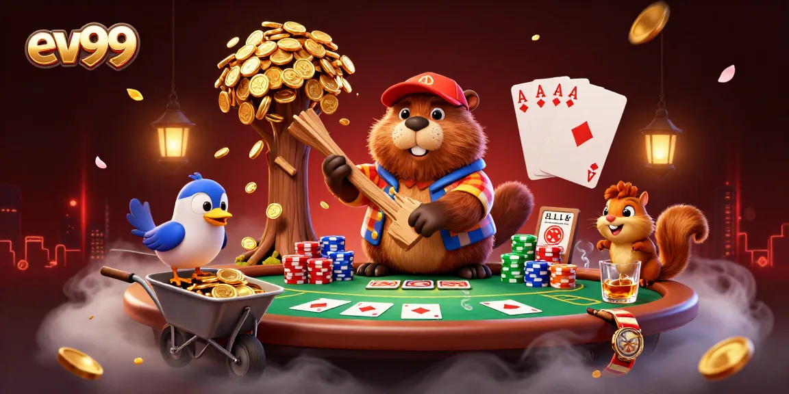 ev99 animated scene with a beaver winning coins while playing poker and gambling