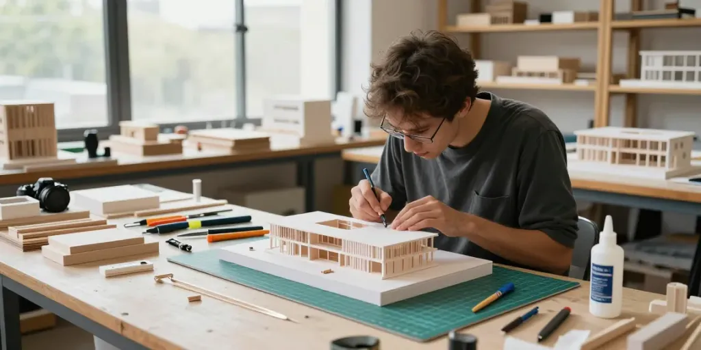 Präziser Architektur Modellbau Dortmund, Handwerker erstellt detailliertes Modell mit hochwertigen Materialien.
