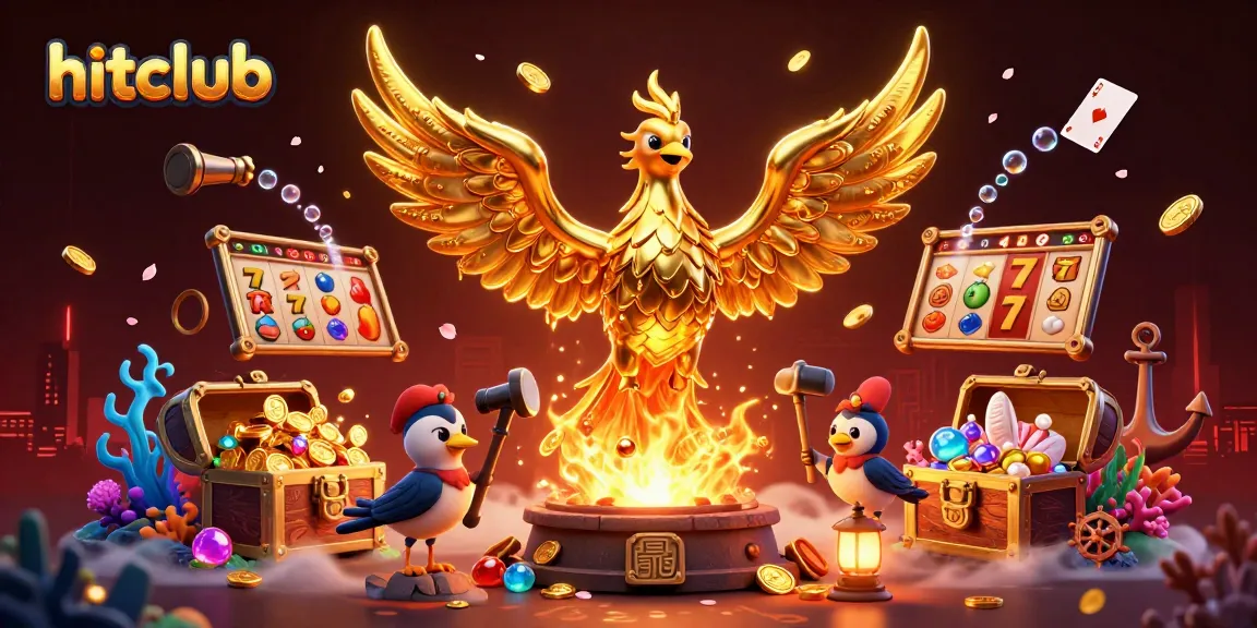 Experience the thrill of winning at hitclub with a golden phoenix amidst vibrant casino symbols.