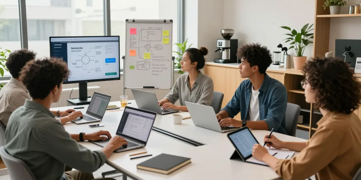 Collaborative team building internal tools with AI in a modern workspace.