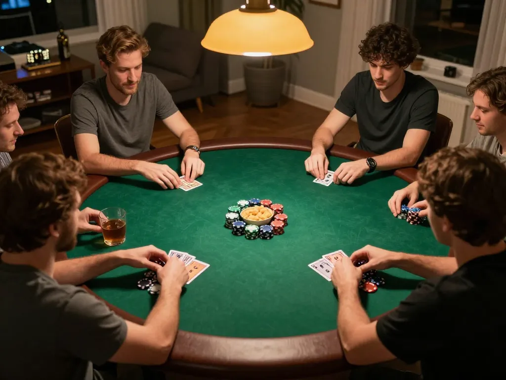 LC99 poker game in friendly home setting, showing players strategizing and enjoying chips.