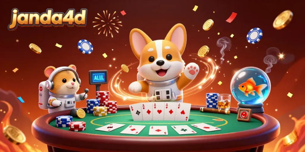 Gambarlah janda4d dengan corgi astronot 3D dan elemen kasino yang meriah