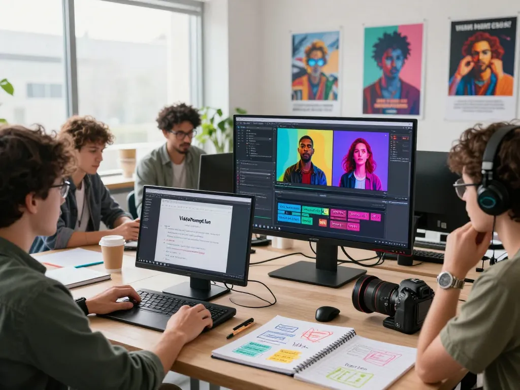 Video to prompt conversion process in a creative studio with digital creators analyzing AI-generated prompts.