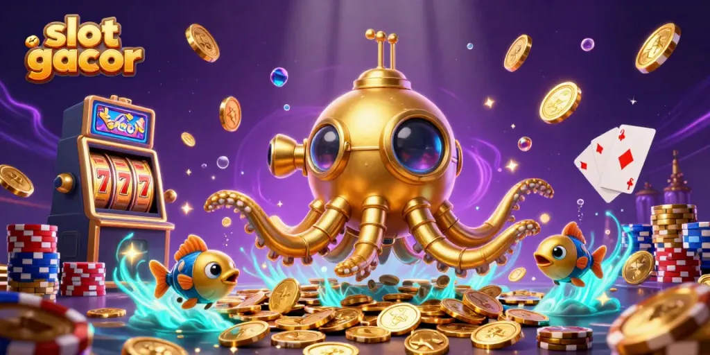 Experience thrilling slot gacor adventures with a golden kraken amid coins and lucky symbols.
