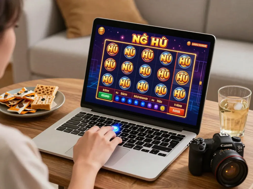Nổ Hũ slot machine gameplay on a laptop, capturing the excitement of home gaming experience.
