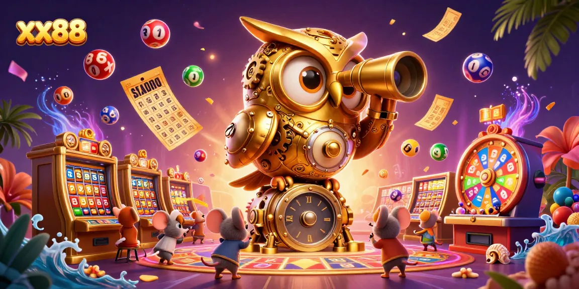 Experience gaming excitement at xx88 with a clockwork owl overseeing a dynamic casino scene filled with vibrant lottery elements.