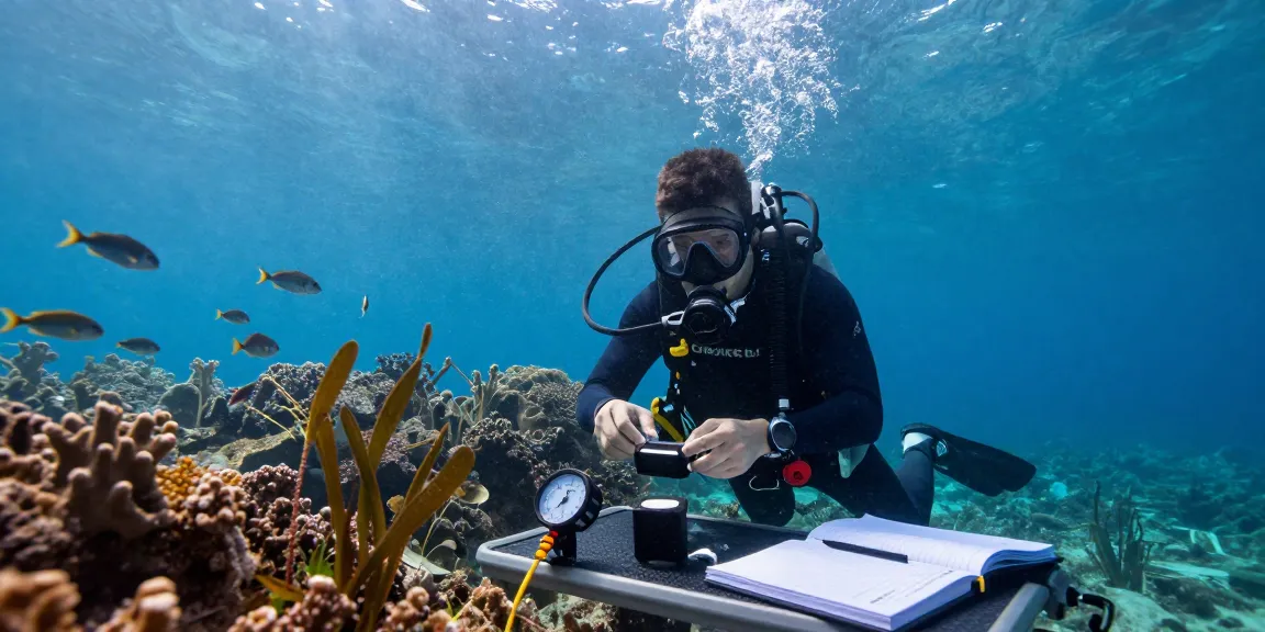 Marine biologist deploying a hydrophone in ocean research, surrounded by marine life.