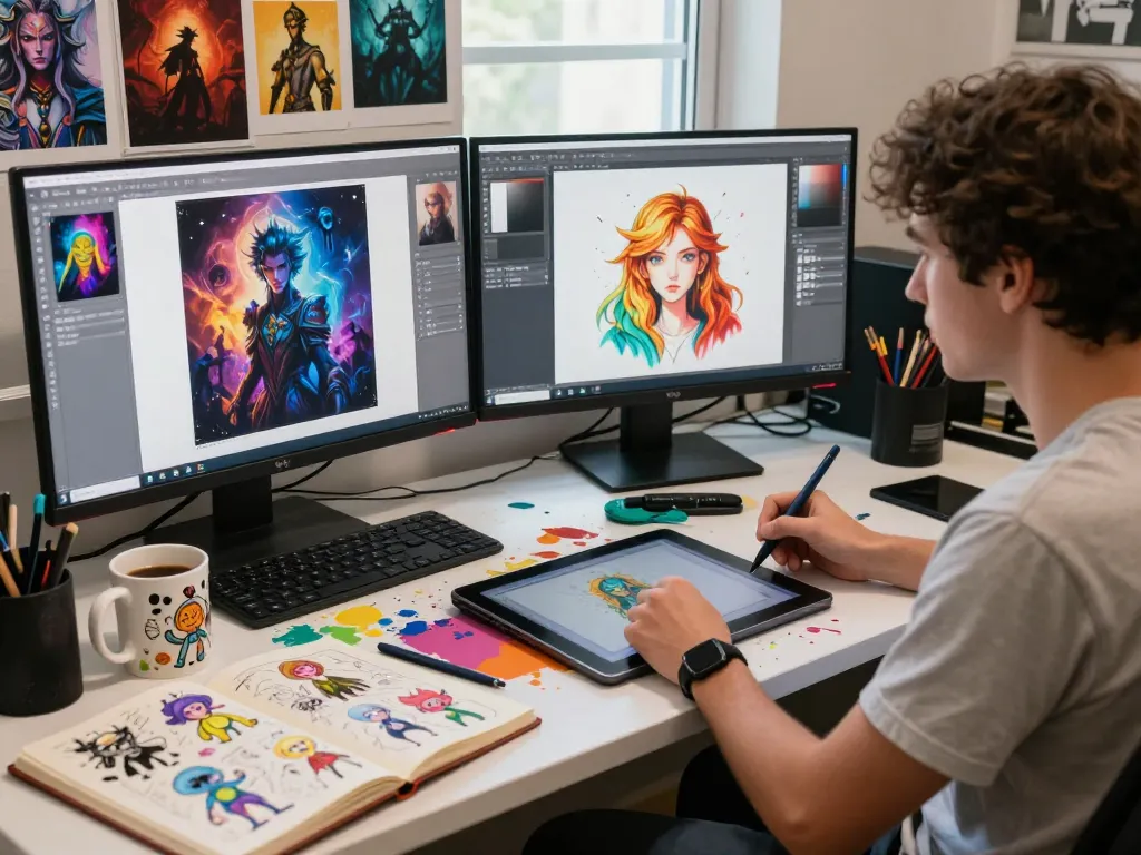 Creative workspace showcasing NSFW AI art with artist at desk, vibrant atmosphere.