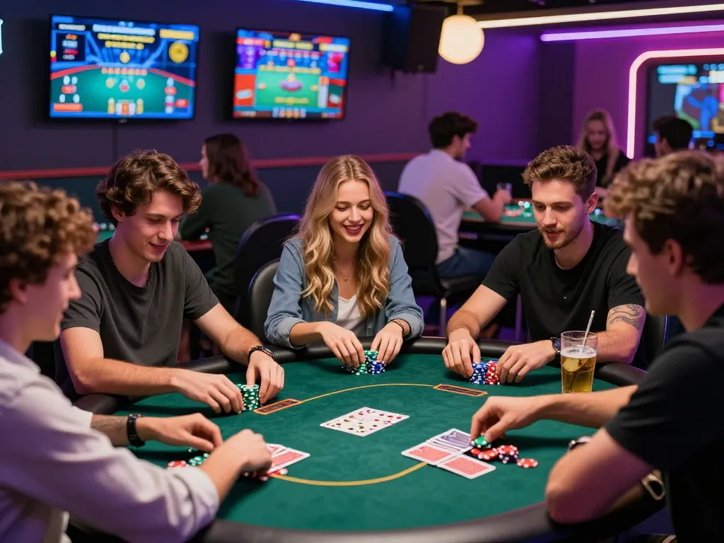 Exciting poker game at MM88 online casino with friends amid vibrant decor.