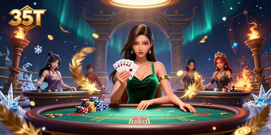 Experience thrilling gameplay action at 35T casino featuring a beautiful card player amid dynamic game elements.