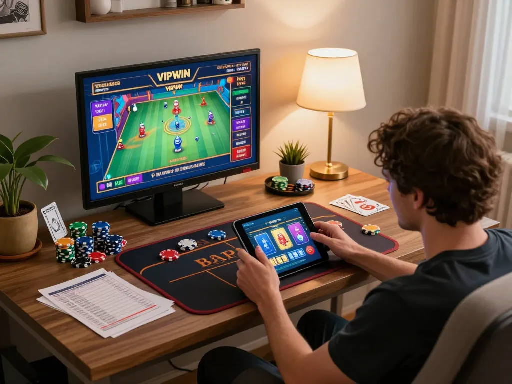 Engaging in a lively VIPWIN casino game session from home using a tablet