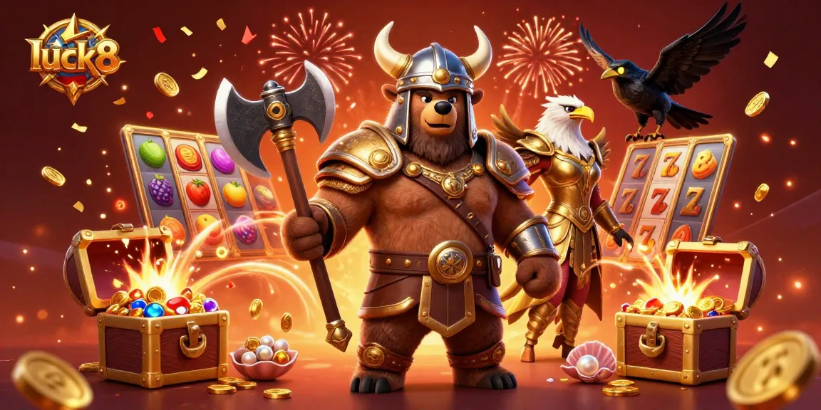 Experience the vibrant energy of luck8 with a Viking bear and Valkyrie eagle celebrating casino winnings in an exciting 3D scene.