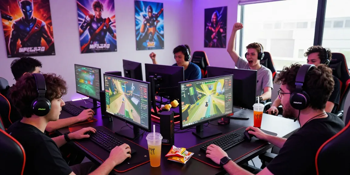 Gamers enjoying Playbook88 online gaming in a lively, vibrant setting with modern equipment.