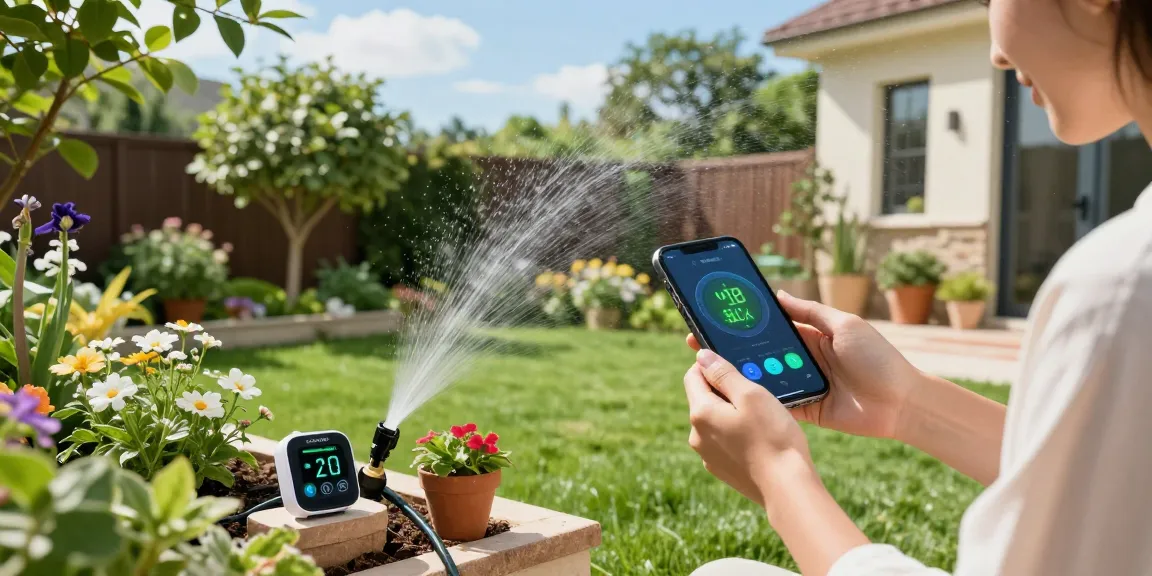 Gardener using the rainpoint wifi water timer to maintain a flourishing garden with smart watering technology.