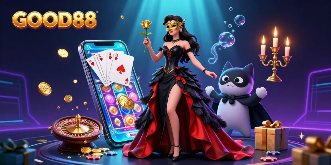 Experience the excitement of GOOD88 casino with a mesmerizing 3D illustration showcasing thrilling gaming elements.