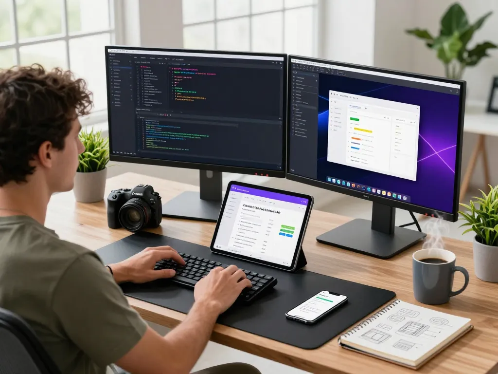 Developer using moltbot ai on dual monitors in a modern tech workspace.