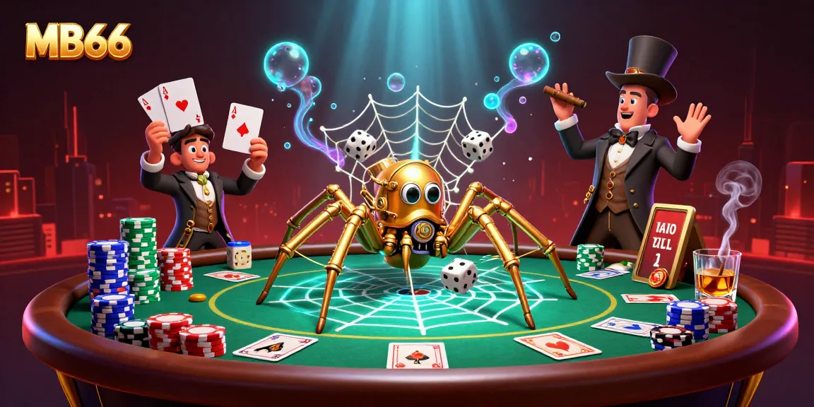 Experience thrilling moments at MB66, where a steampunk spider ensnares dice amidst a vibrant poker scene.