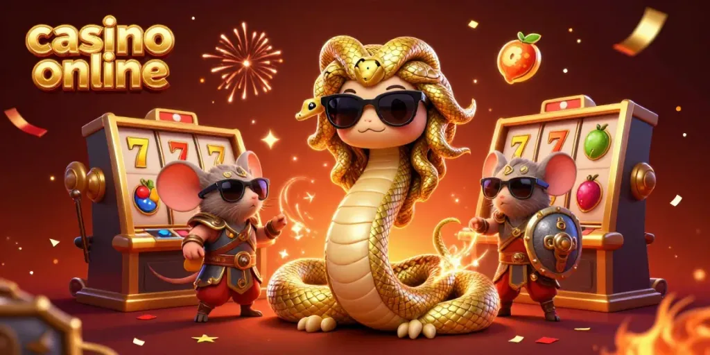 Win big at the casino online with a lively 3D scene featuring Medusa, a warrior mouse, and exciting game elements.