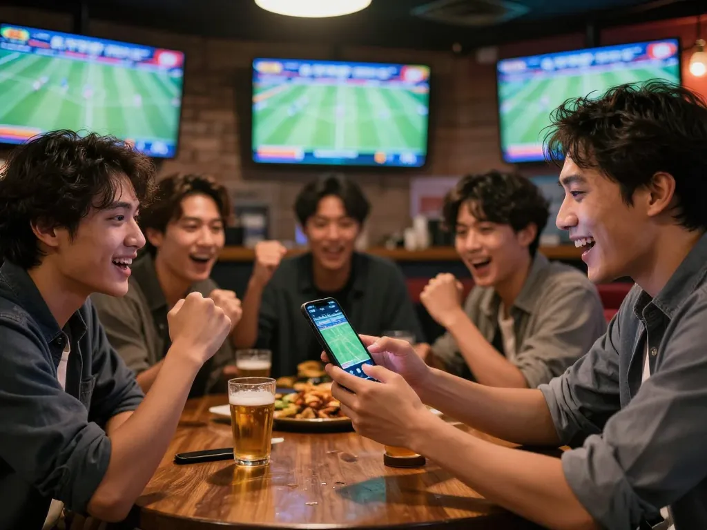 Betting enthusiast analyzing keo nha cai hom nay in an exciting sports bar during live match.