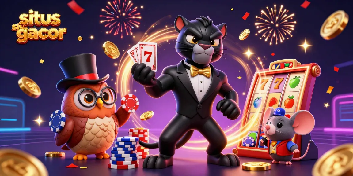 Situs slot gacor showcases a cartoon panther dealing cards, surrounded by exciting slot game elements.