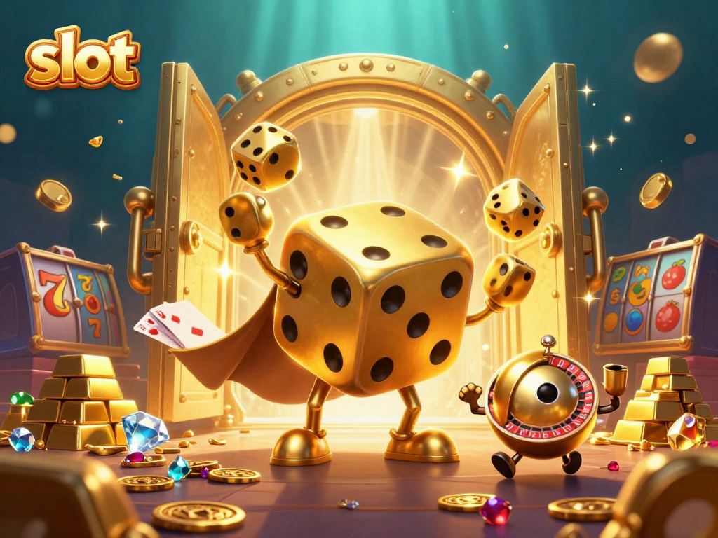 Spin the slot reels surrounded by a golden dice golem and treasure in vibrant casino illustration