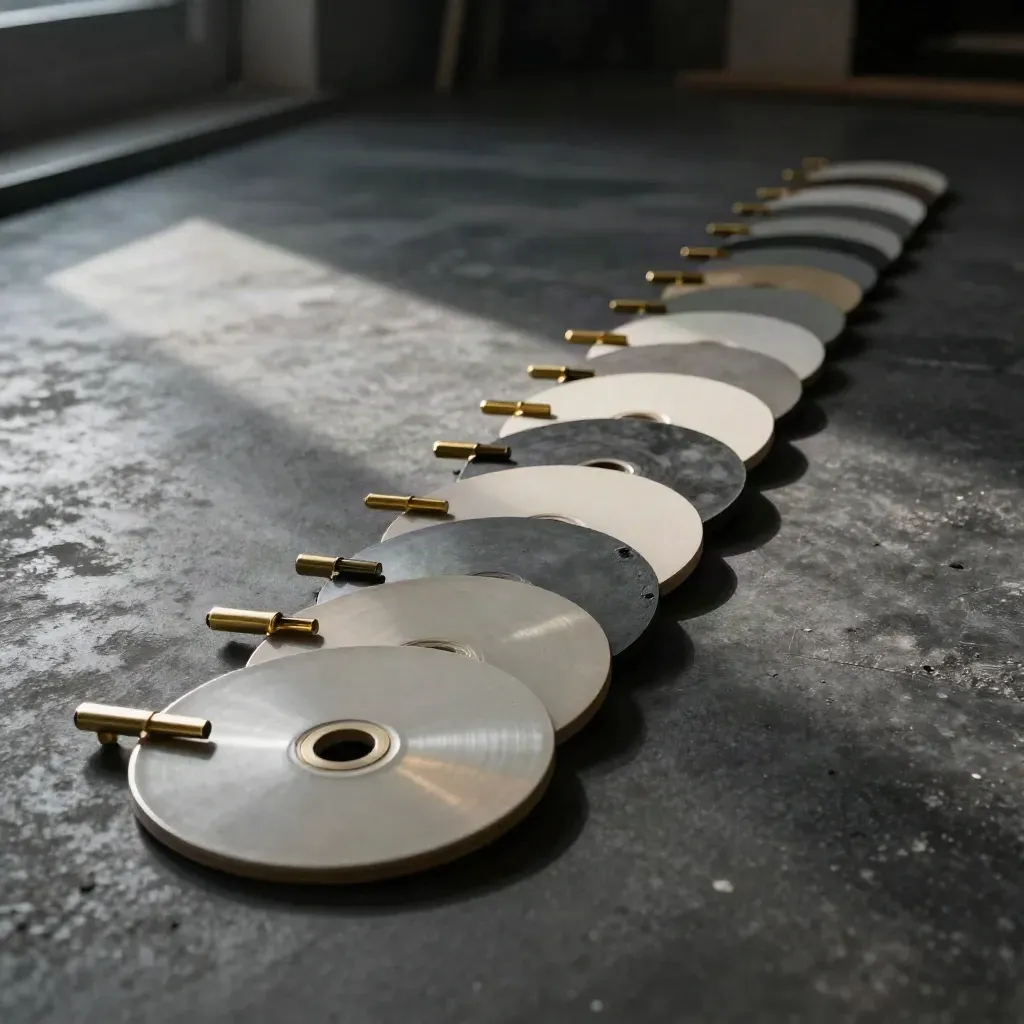 Ceramic discs and brass markers aligned across a charcoal floor in dramatic studio light.