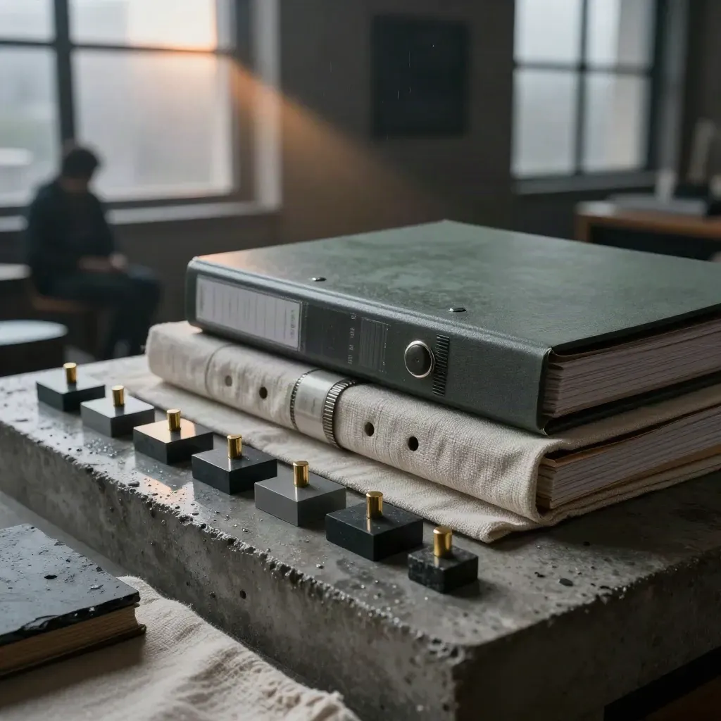 Graphite binders, brass pegs and linen rails in a rainy loft at blue hour.