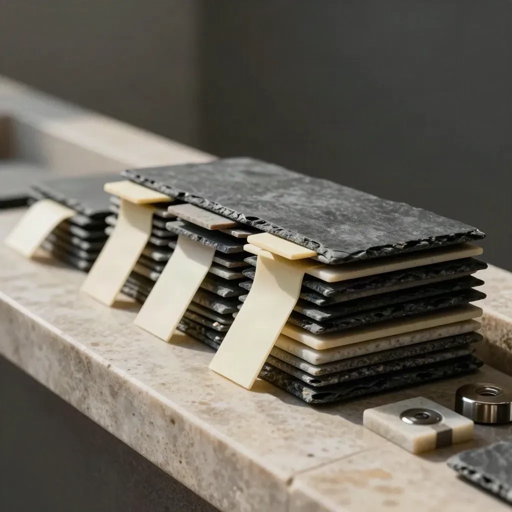 Matte task chips and stone markers cascade in priority order on travertine.