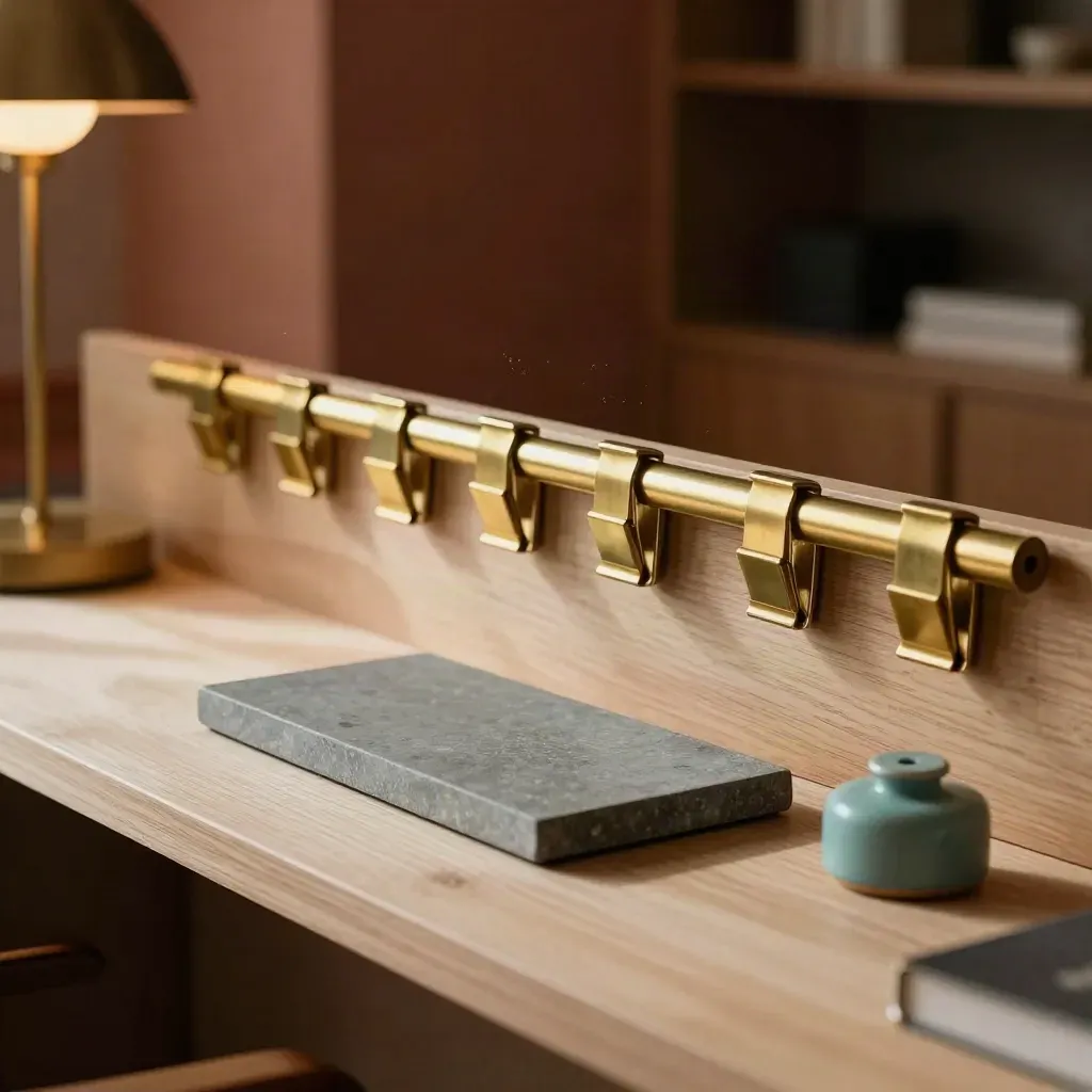 Cleared brass clips and a stone tray on pale wood, lit by warm late-afternoon studio light.