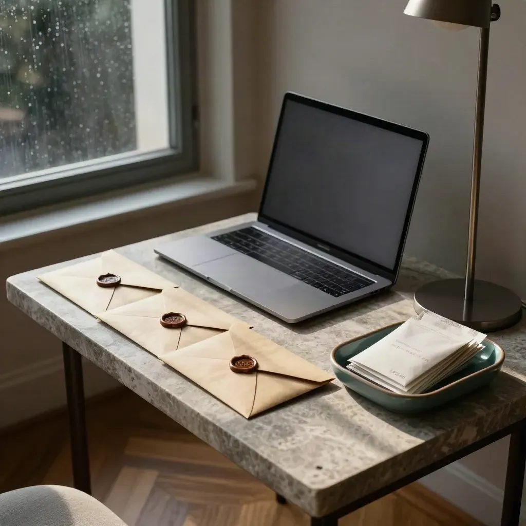 Sealed envelopes, closed laptop, and lamp on a stone side table in a calm studio nook.
