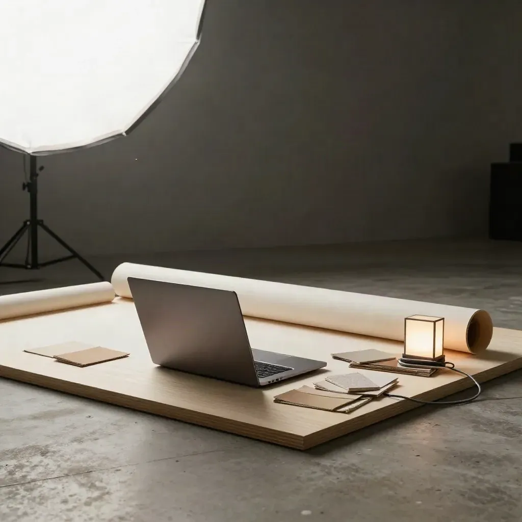Closed laptop, rolled ivory backdrop, sample swatches, and a glowing light box on a concrete floor