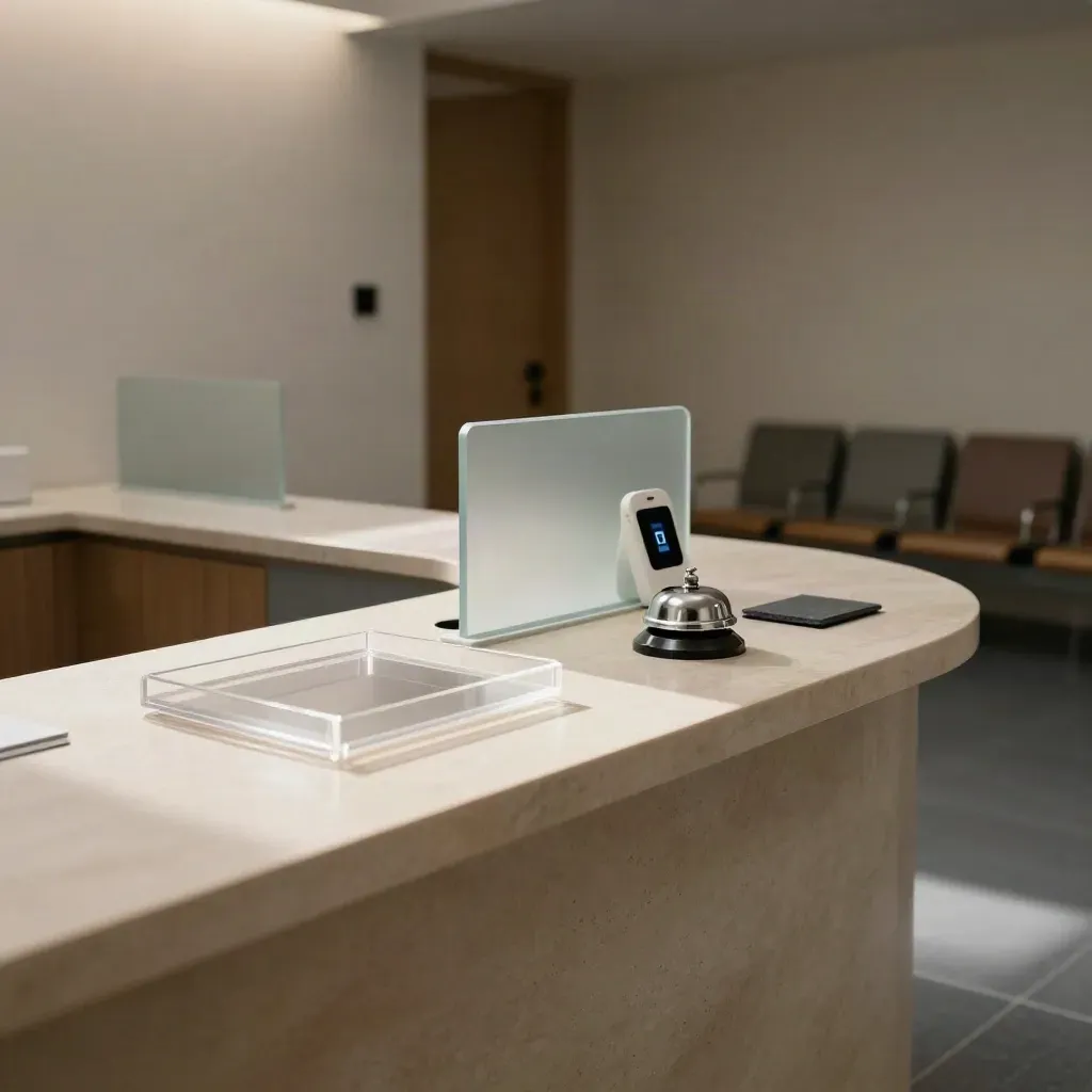Clinic reception counter with clear trays, a bell, and an open doorway in a calm entry