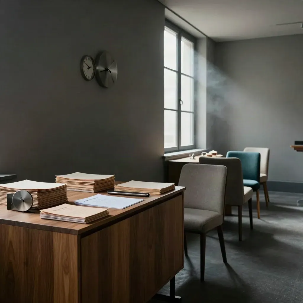Aligned chairs, folders, and a silent clock in a moody hiring room with teal accent.