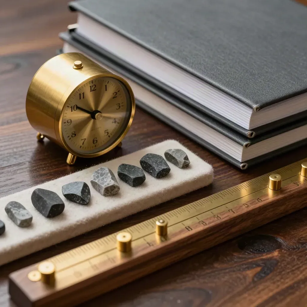 Brass timer, graphite binders and stone tokens on a walnut planning rail.