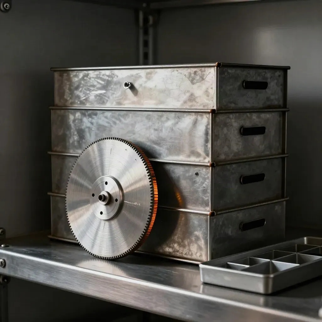 Rugged timing disc with stacked metal inbox trays on a brushed steel shelf