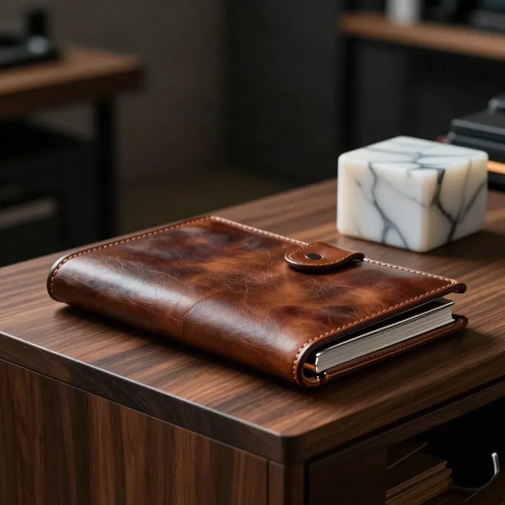 Leather folio, phone dock, and marble paperweight on walnut in dramatic side light.