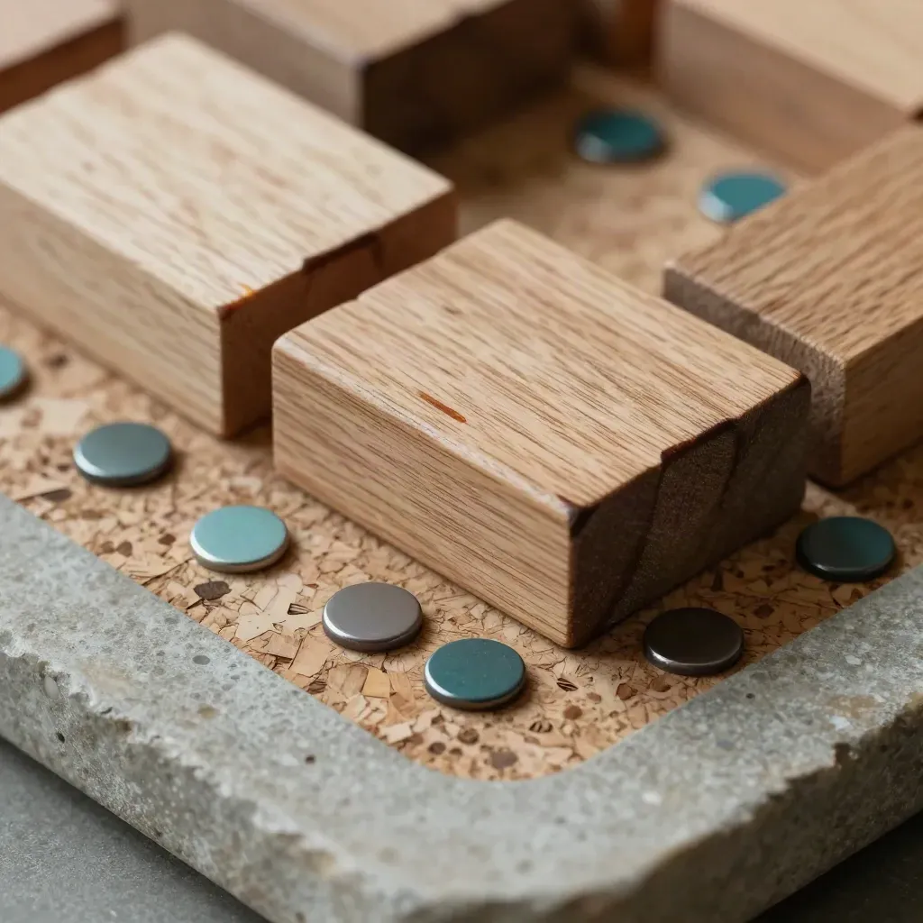 Macro of wooden workflow blocks and teal magnetic chips on a cork grid over stone.