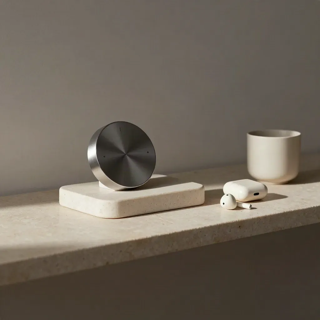 Kickoff call still life with phone dock, timer, earbuds, and ceramic cup on stone.
