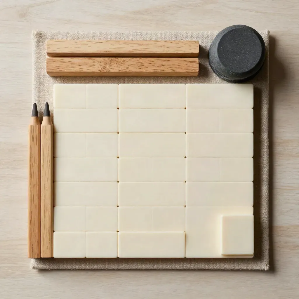 Top-down still life of task tiles, wood markers, and stone paperweight on a linen mat.