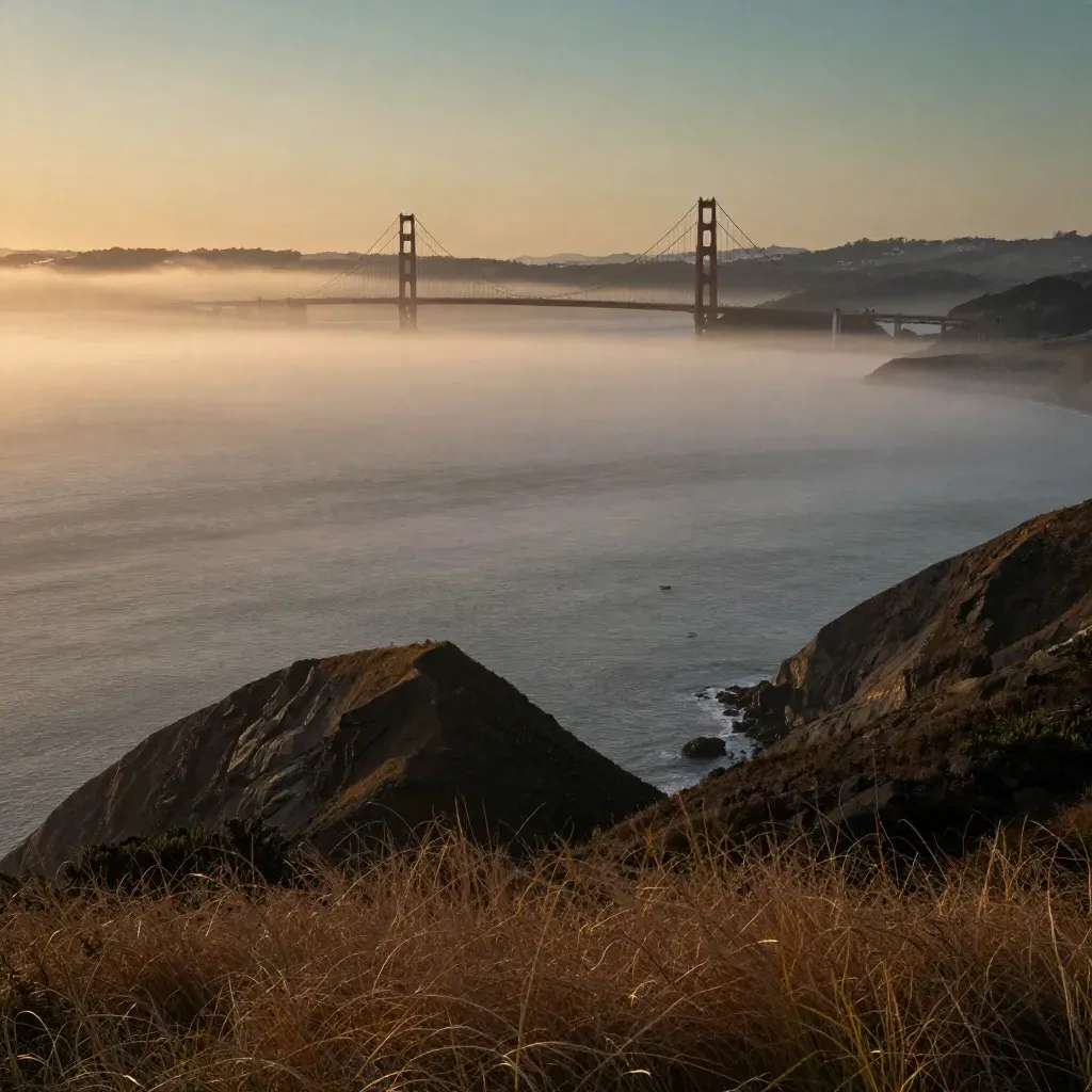 Golden Gate horizon above foggy Marin headlands at sunset, wide and calm for copy.