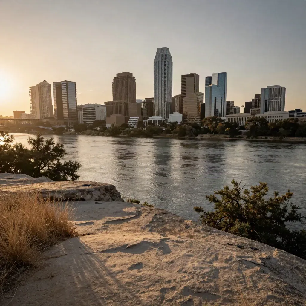 Austin skyline at golden hour above limestone and live oaks, heat haze over the river