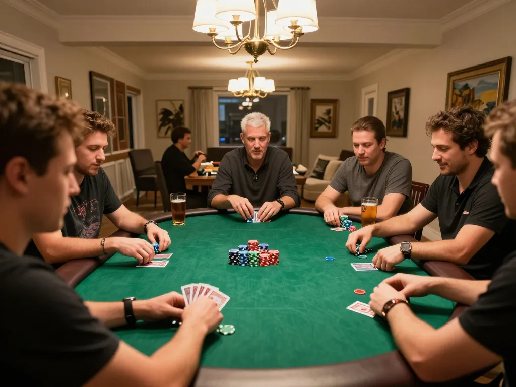 Players enjoying an exciting game of gojekpot poker together, showcasing chips and cards in action.