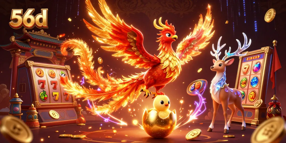 Experience exhilarating gaming at 56d casino with vibrant characters, slot reels, and dynamic action.
